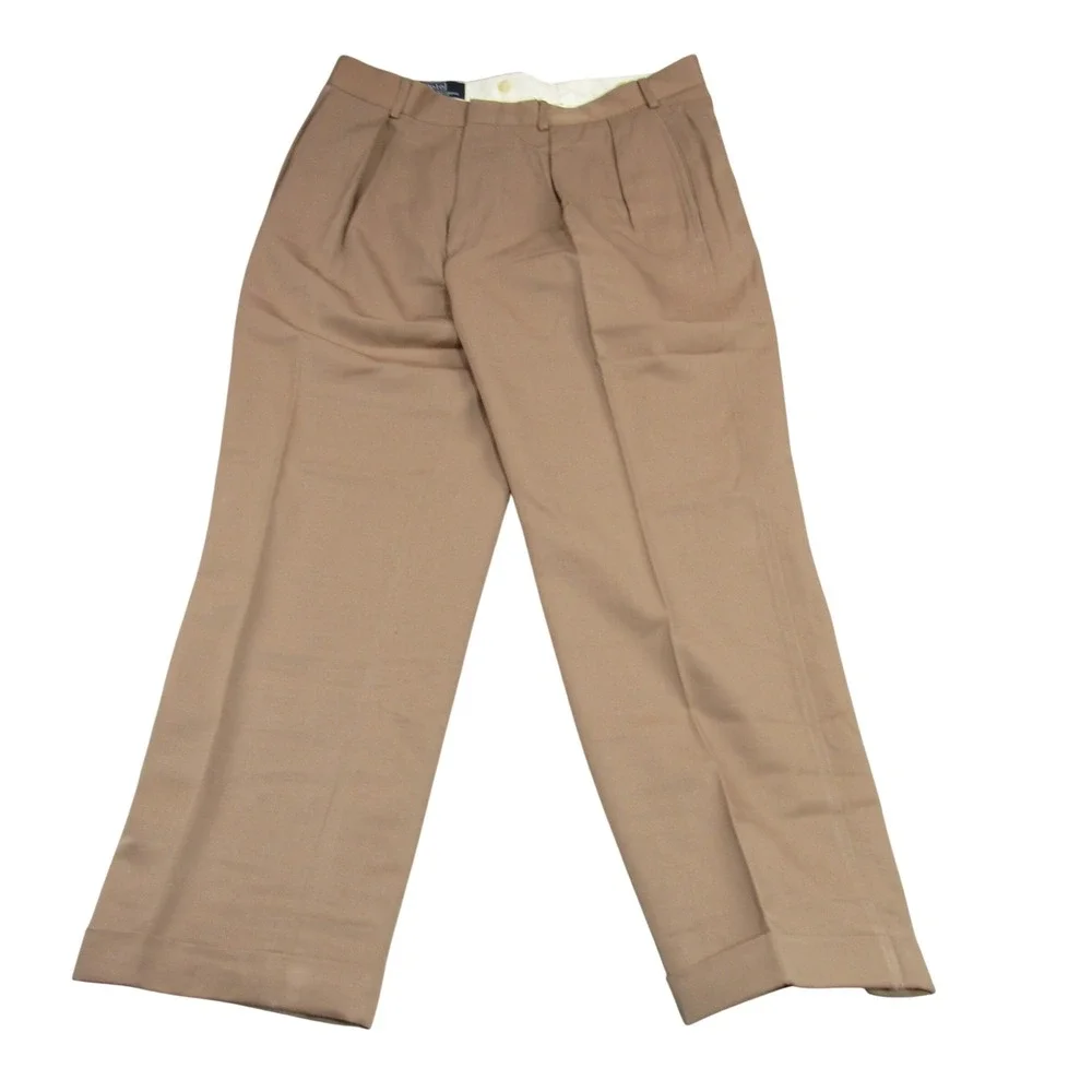 Polo Ralph Lauren Tan Brown Pleated Cuffed Trousers Mens 33x26.5 Made in USA